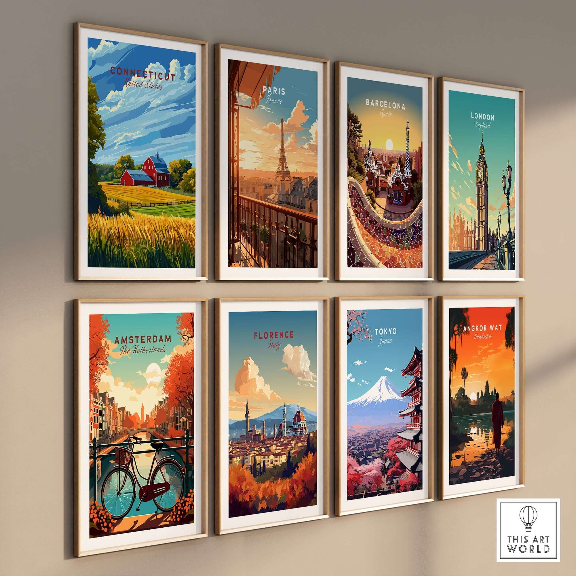 Connecticut Art Print displayed among various travel posters, enhancing home decor with vibrant colors and intricate details.
