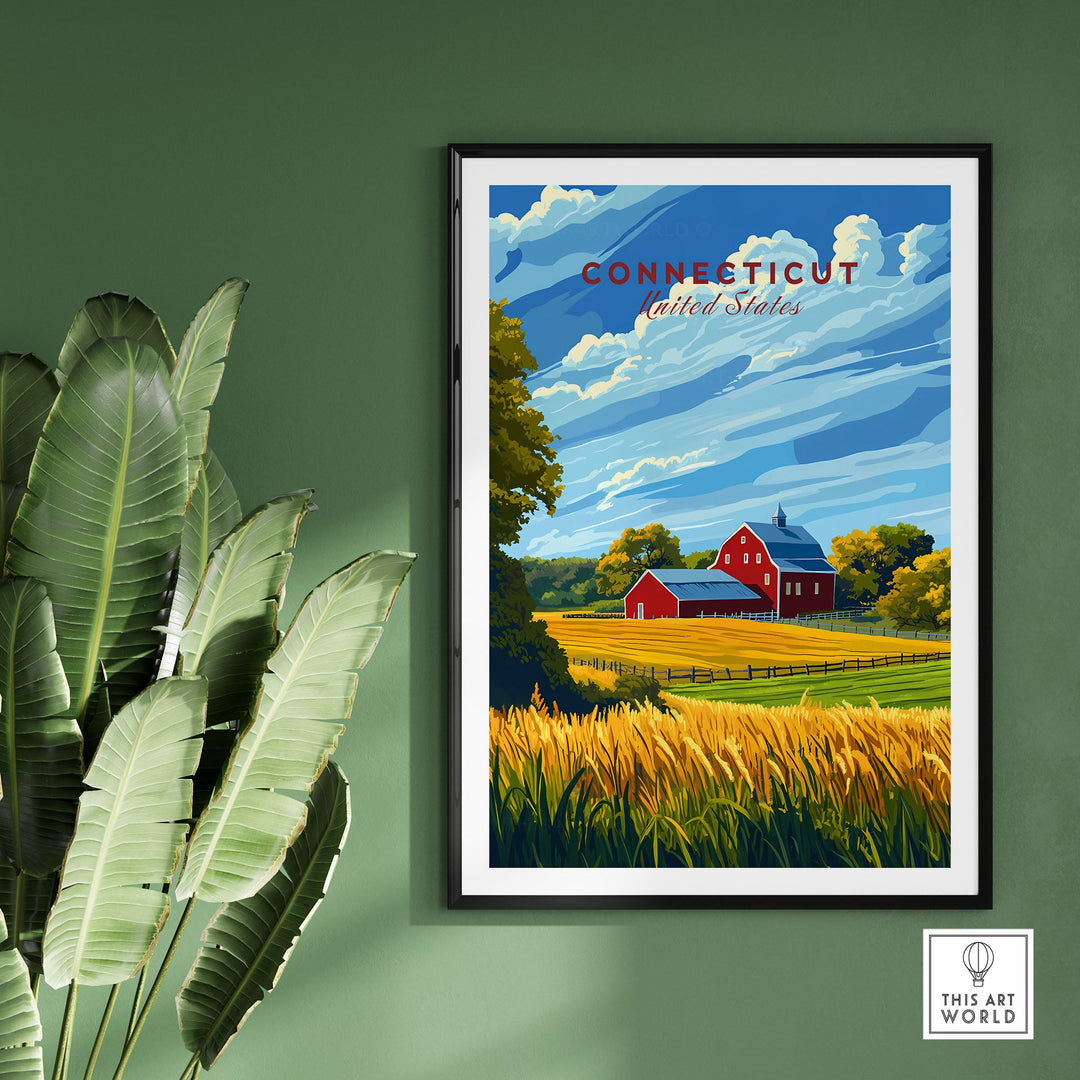 Connecticut Art Print featuring a vibrant countryside scene with a red barn and lush greenery, perfect for home decor.