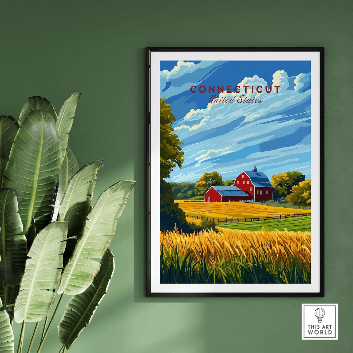 Connecticut Art Print featuring a vibrant landscape with a red barn and lush greenery, perfect for home decor.