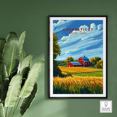 Connecticut Art Print featuring a vibrant landscape with a red barn and lush greenery, perfect for home decor.