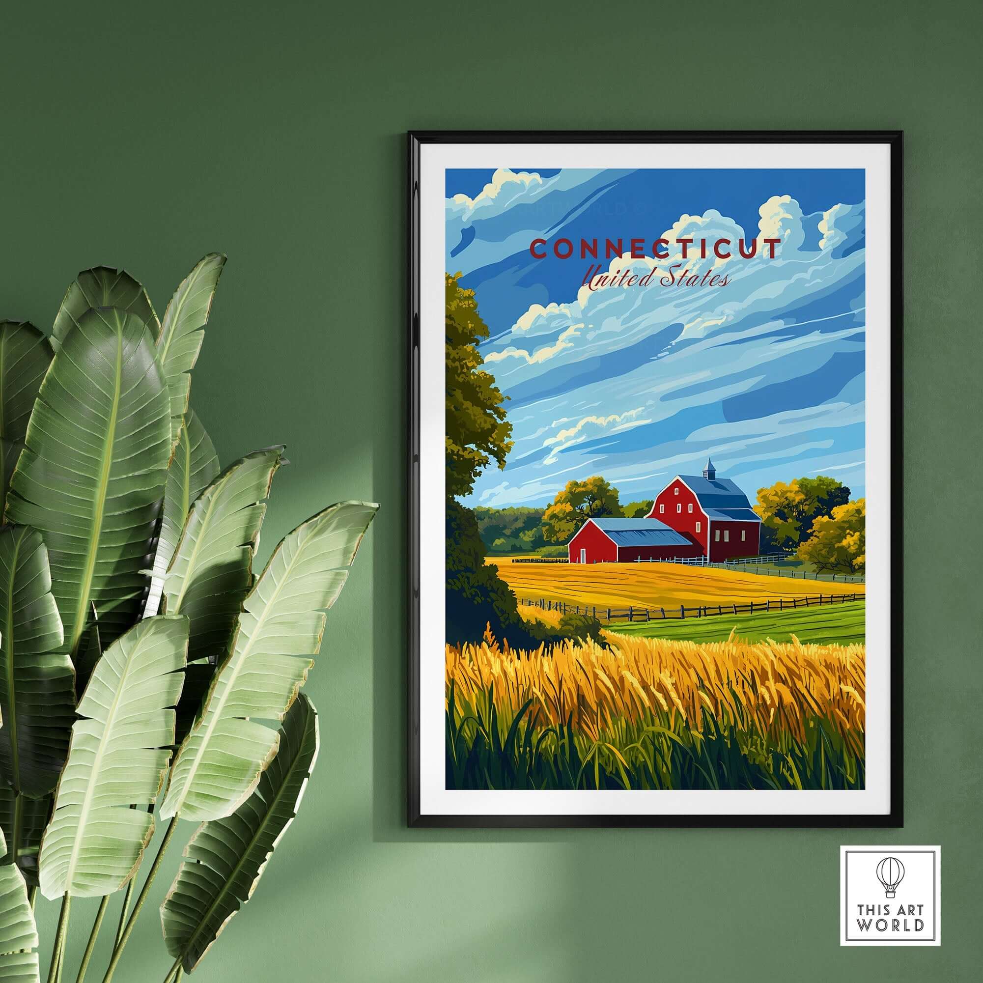 Connecticut Art Print featuring a vibrant landscape with a red barn and lush greenery, perfect for home decor.