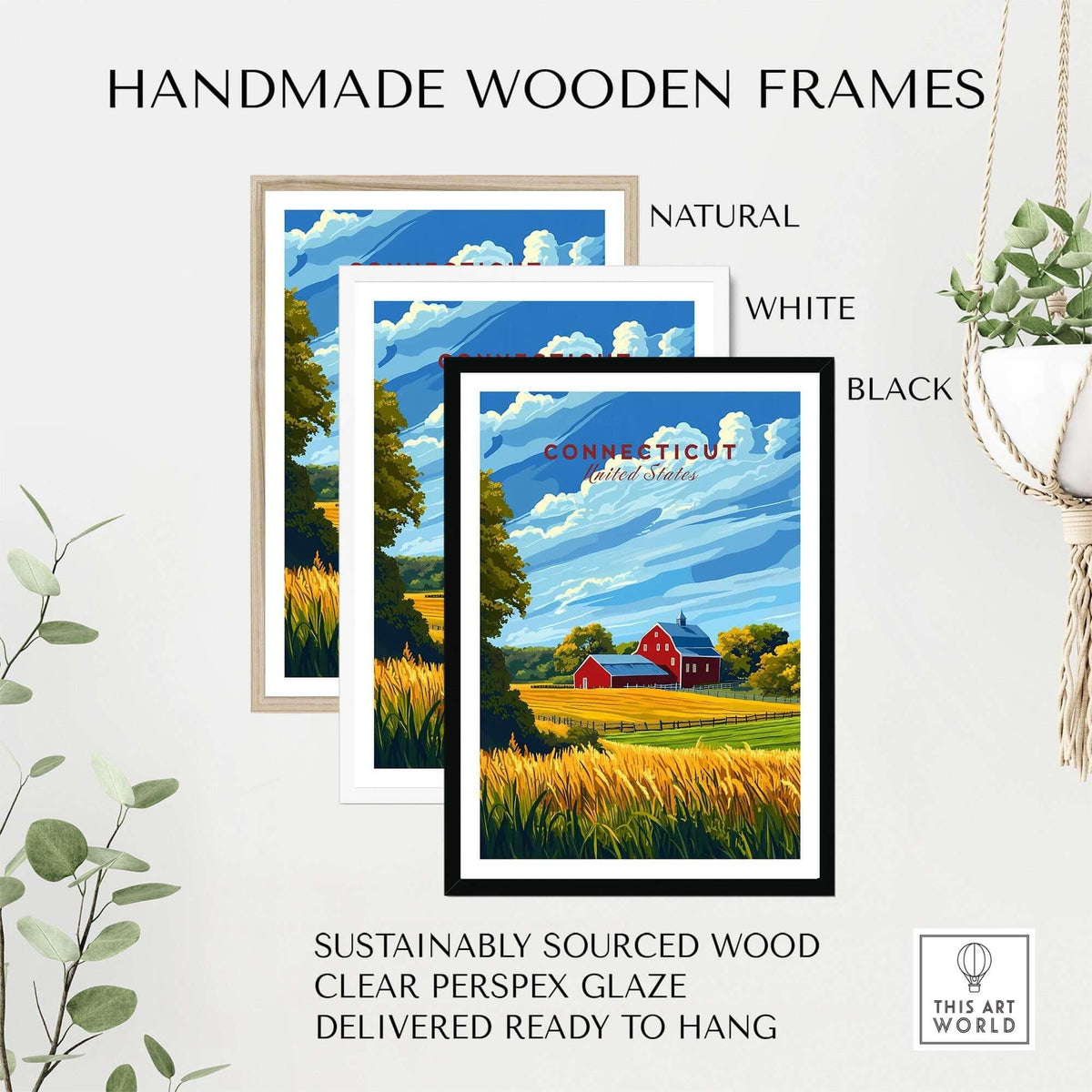 Connecticut Art Print displayed in handmade wooden frames: natural, white, and black options available.