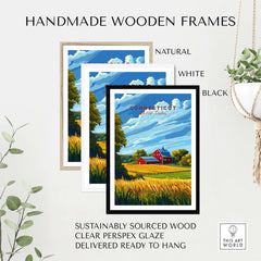 Connecticut Art Print displayed in handmade wooden frames: natural, white, and black options available.