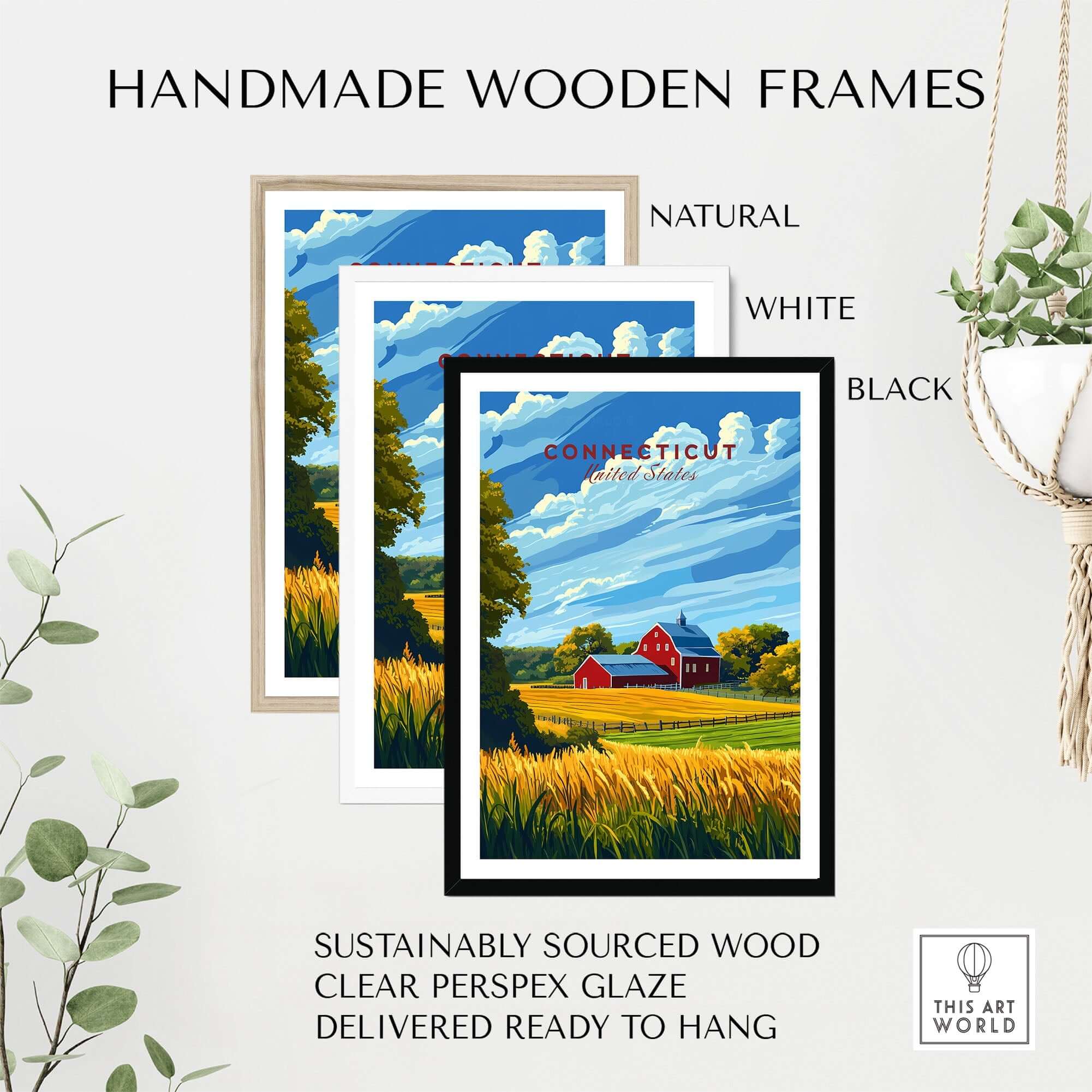 Connecticut Art Print displayed in handmade wooden frames: natural, white, and black options available.