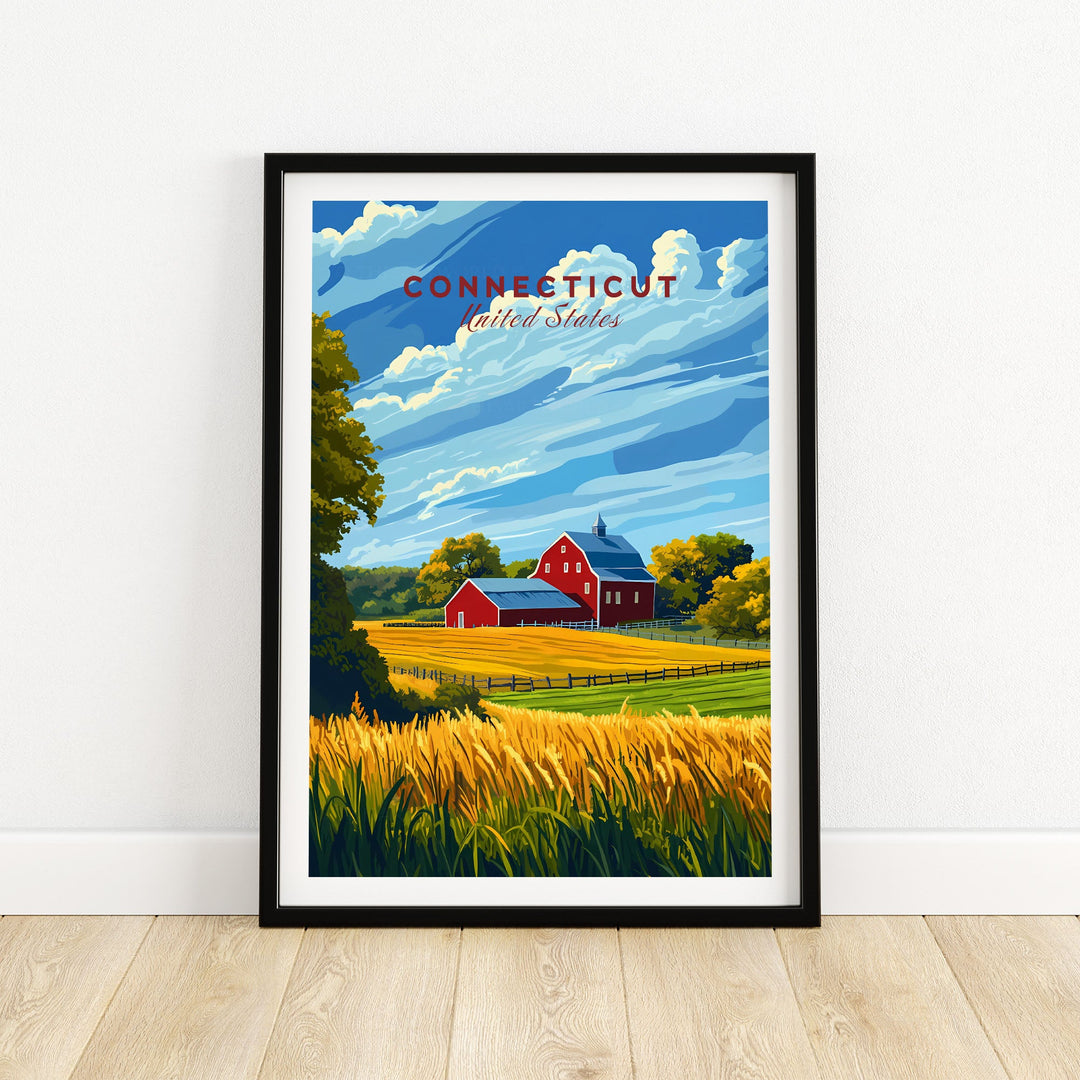 Connecticut art print with vibrant landscape, featuring barn and fields, perfect for home decor and showcasing state pride.