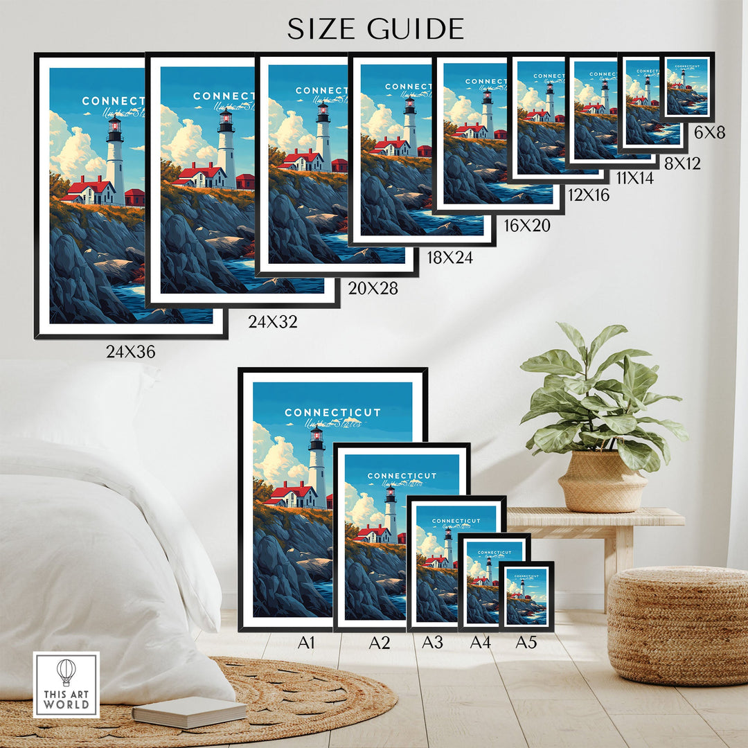 "Connecticut poster size guide featuring various dimensions from 6x8 to 24x36, showcasing iconic landmarks and scenery."