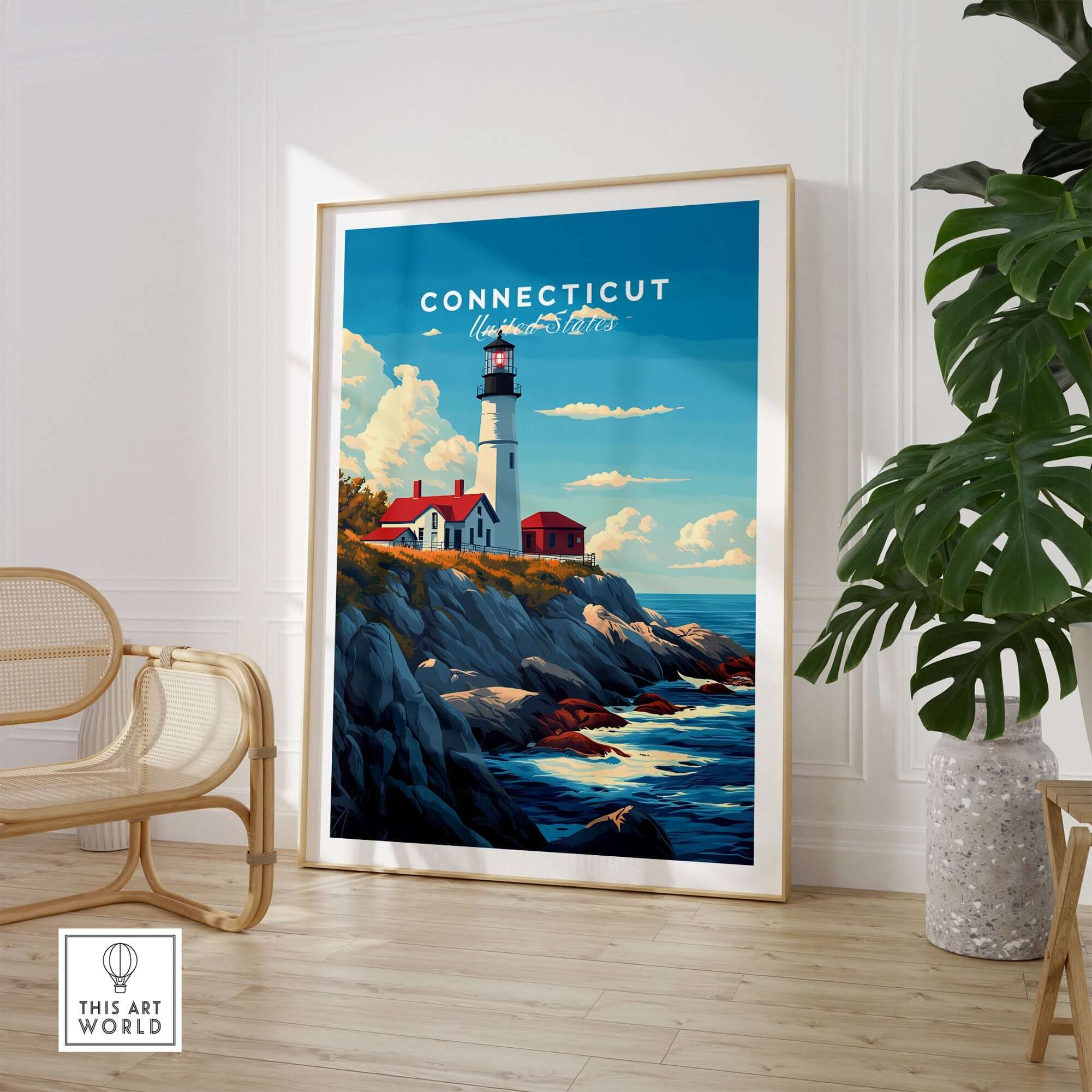 Connecticut Poster featuring a lighthouse and scenic coastline, perfect decor for Connecticut lovers.