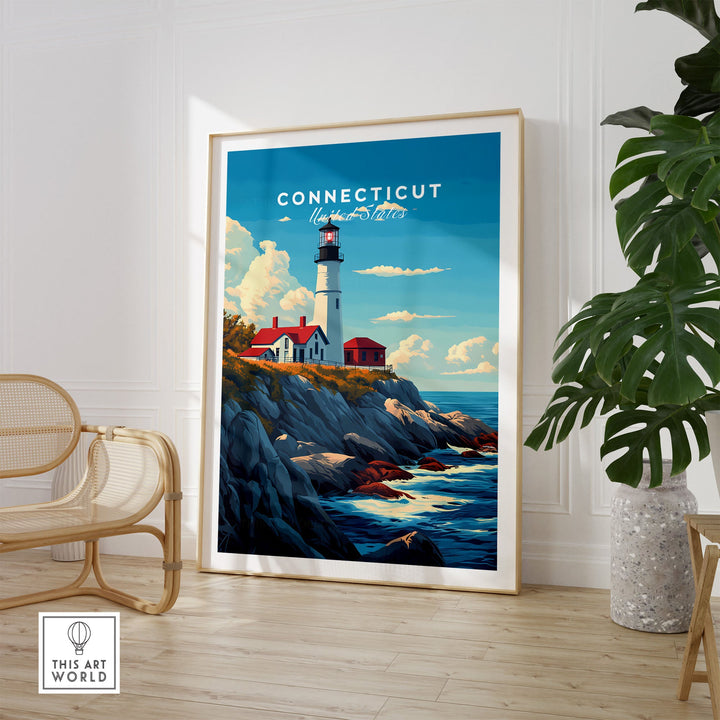 Connecticut Poster featuring a picturesque lighthouse and coastal scenery, perfect decor for travel and landscape enthusiasts.