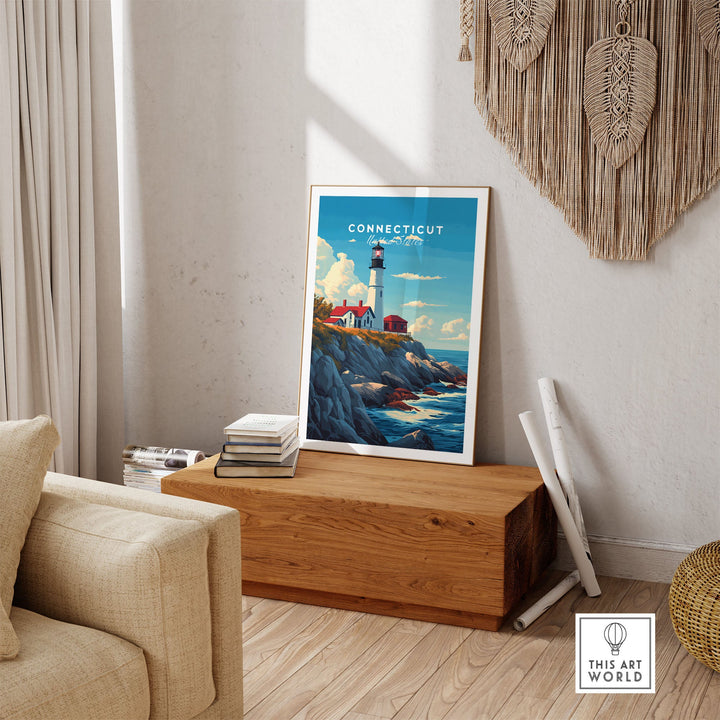 Connecticut poster with iconic landmarks displayed on a wooden bench in a cozy room setting.