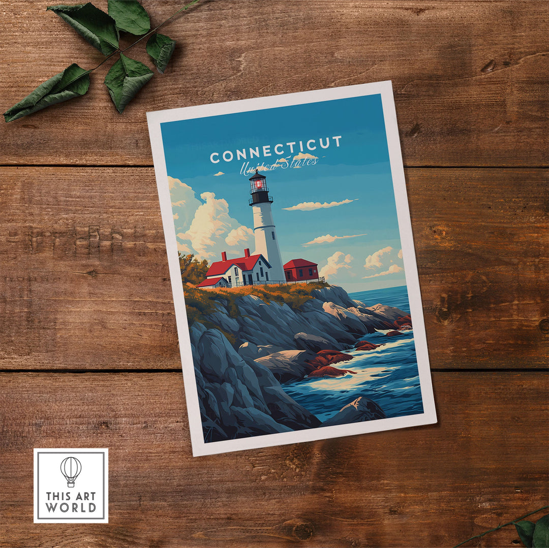 Connecticut poster featuring a lighthouse and coastline, capturing iconic landmarks and scenery, perfect for home decor.