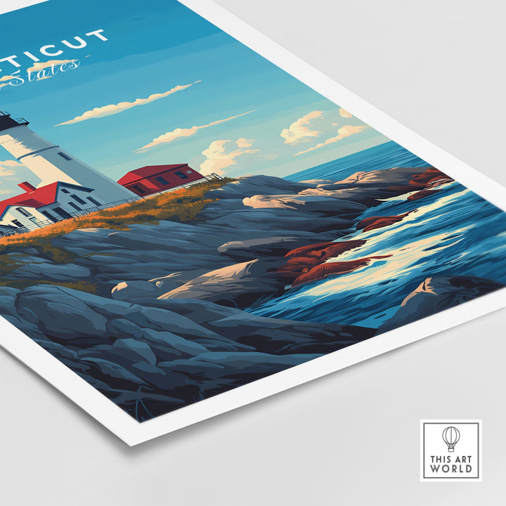 Connecticut poster featuring scenic coastal lighthouse and vibrant ocean view, perfect decor for travel lovers and home design.