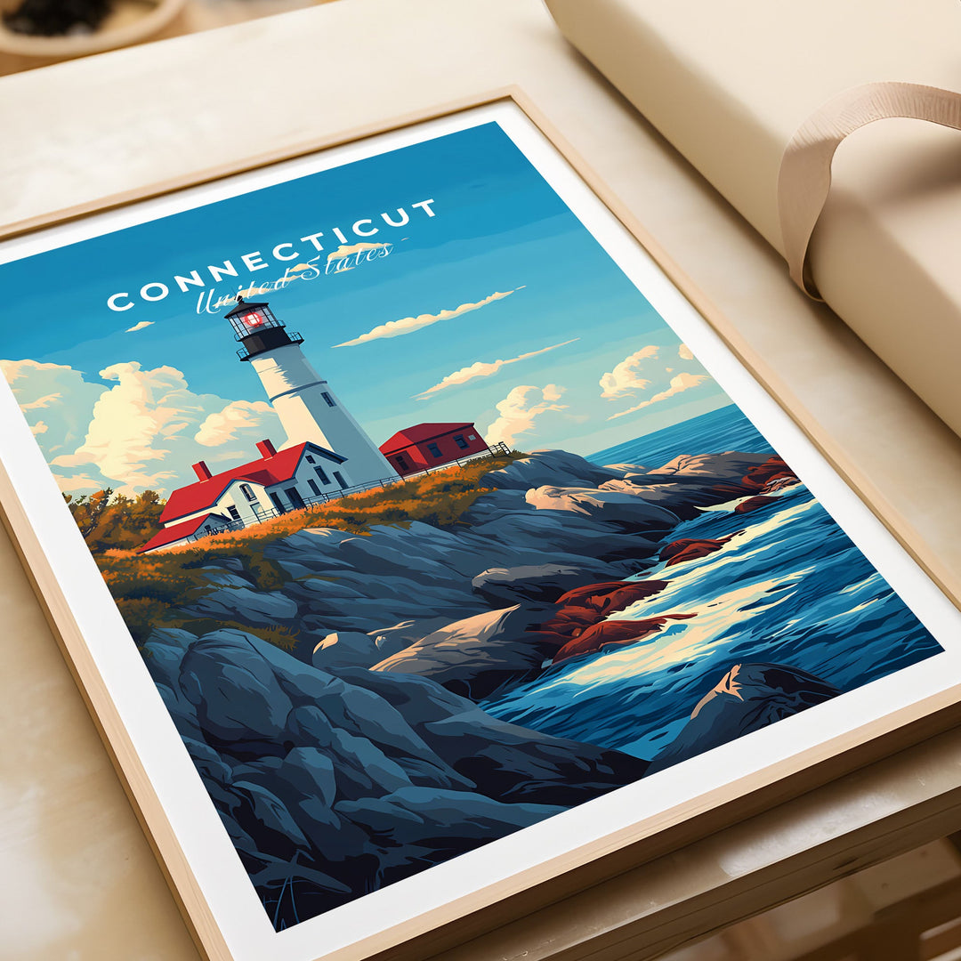 Vibrant Connecticut poster featuring iconic lighthouse and coastal scenery, perfect for home decor and travel enthusiasts.