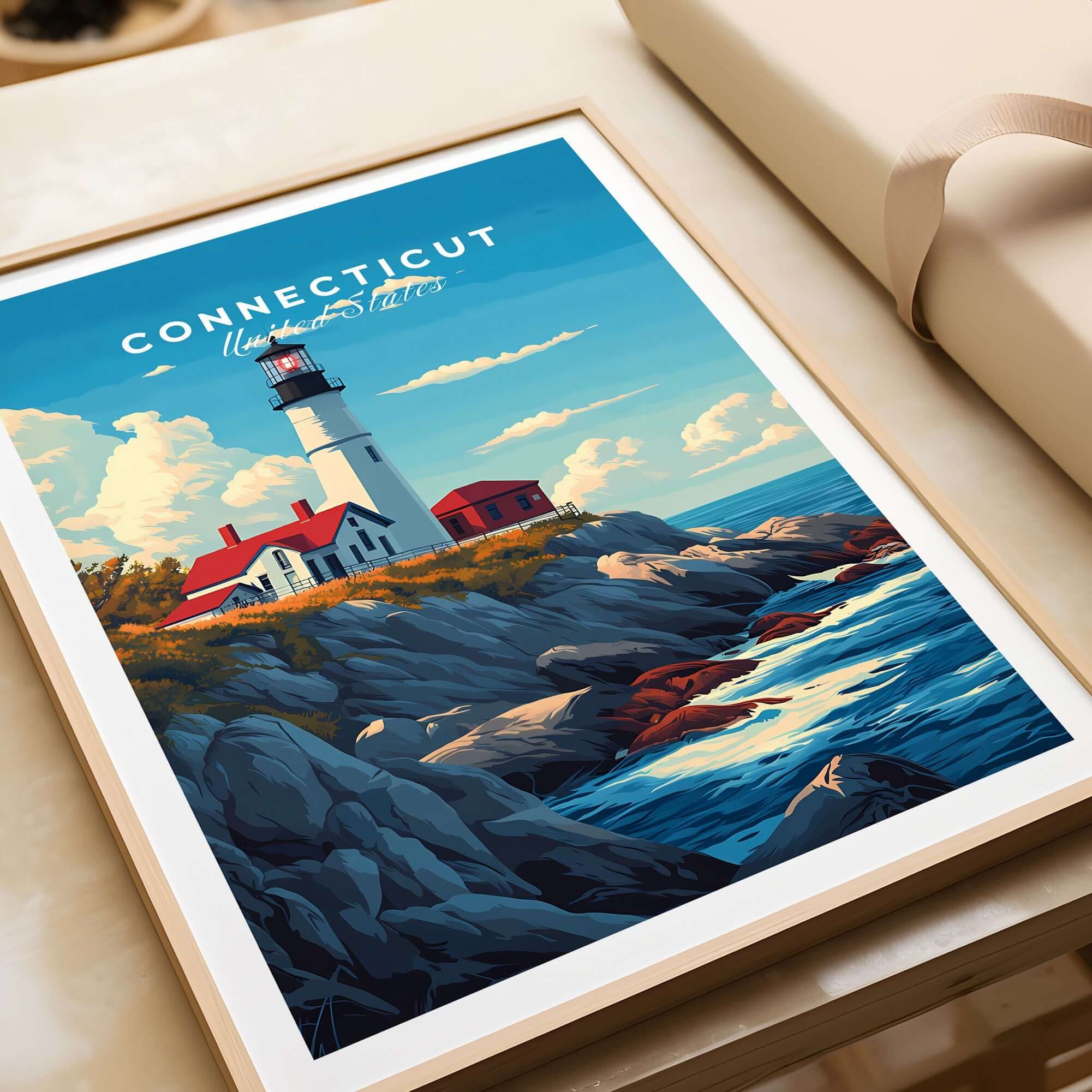 Connecticut Poster featuring a lighthouse, capturing the charm and beauty of Connecticut's coastal scenery.