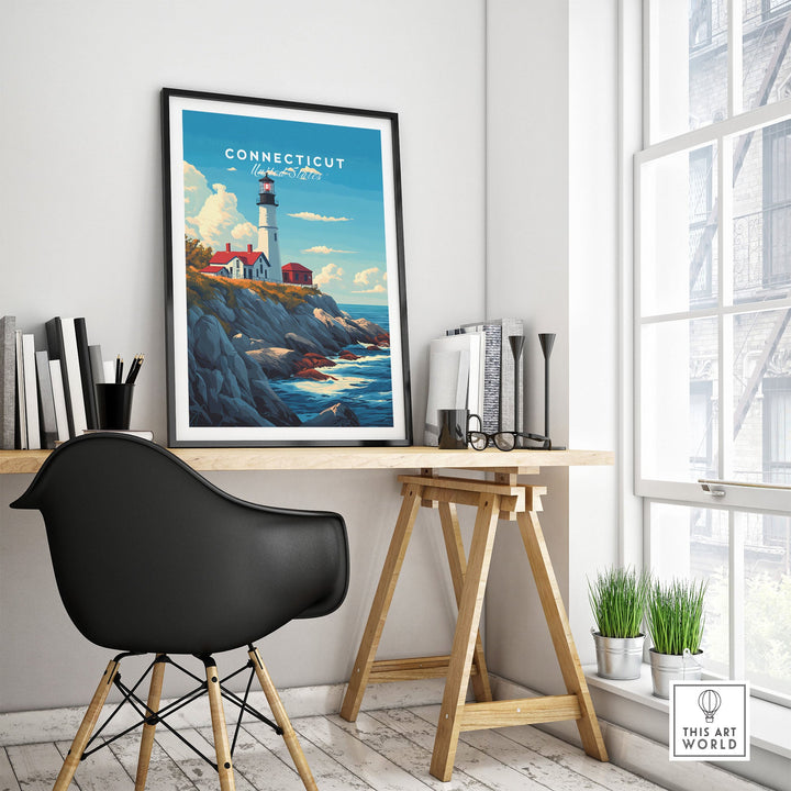 Connecticut poster featuring iconic lighthouse scene on an office wall, enhancing decor with charming scenery and landmarks.