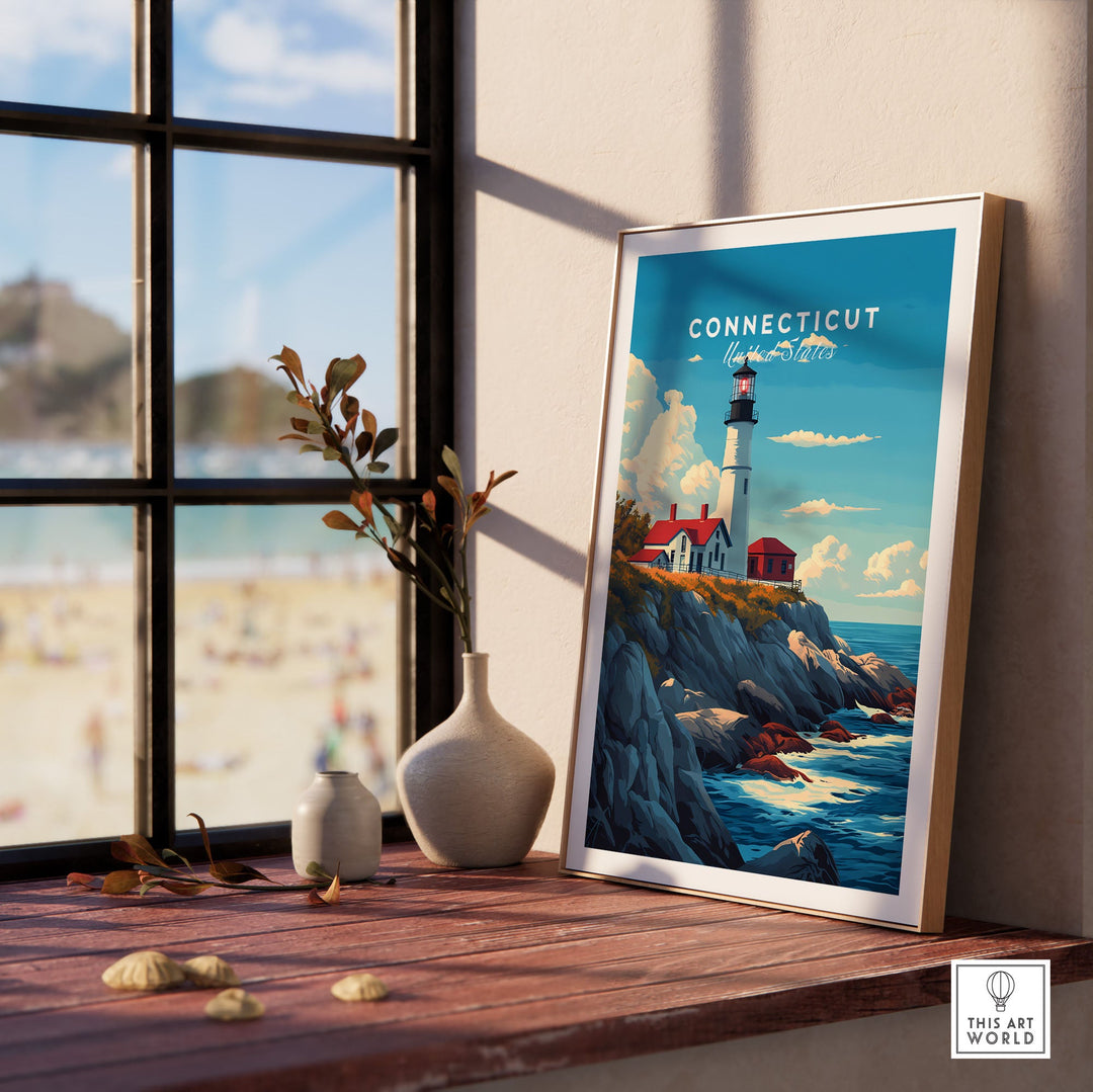 Connecticut poster with lighthouse art on a windowsill, capturing scenic coastal beauty, ideal for home decor.