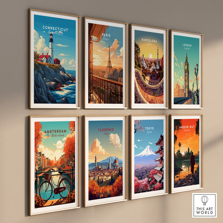 "Wall display of travel posters featuring Connecticut, Paris, Barcelona, London, Amsterdam, Florence, Tokyo, and Angkor Wat."