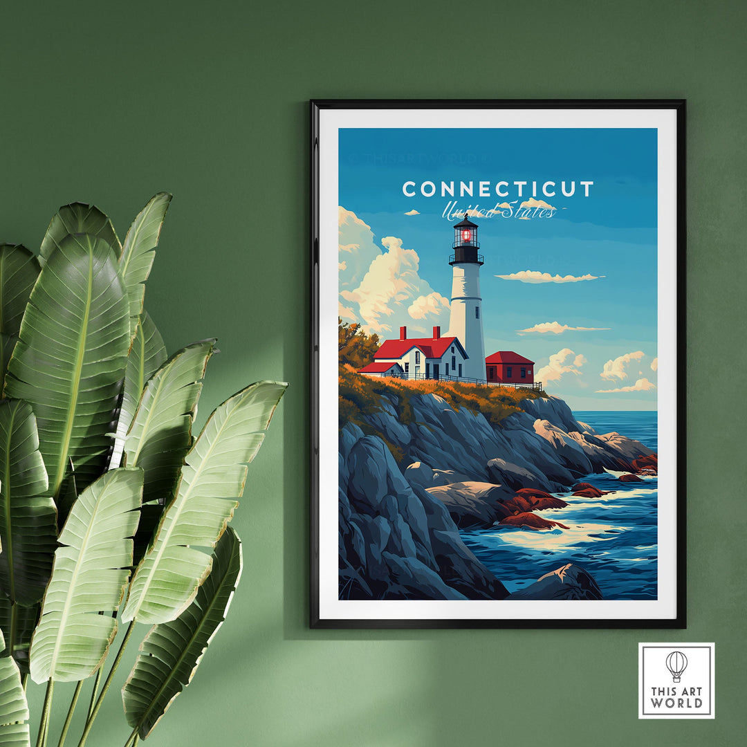 Connecticut poster with lighthouse and coastal scenery, showcasing iconic landmarks and charm of the state, perfect for home decor.