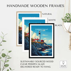 Connecticut Poster displayed in handmade wooden frames: natural, white, black. Sustainably sourced wood, ready to hang.