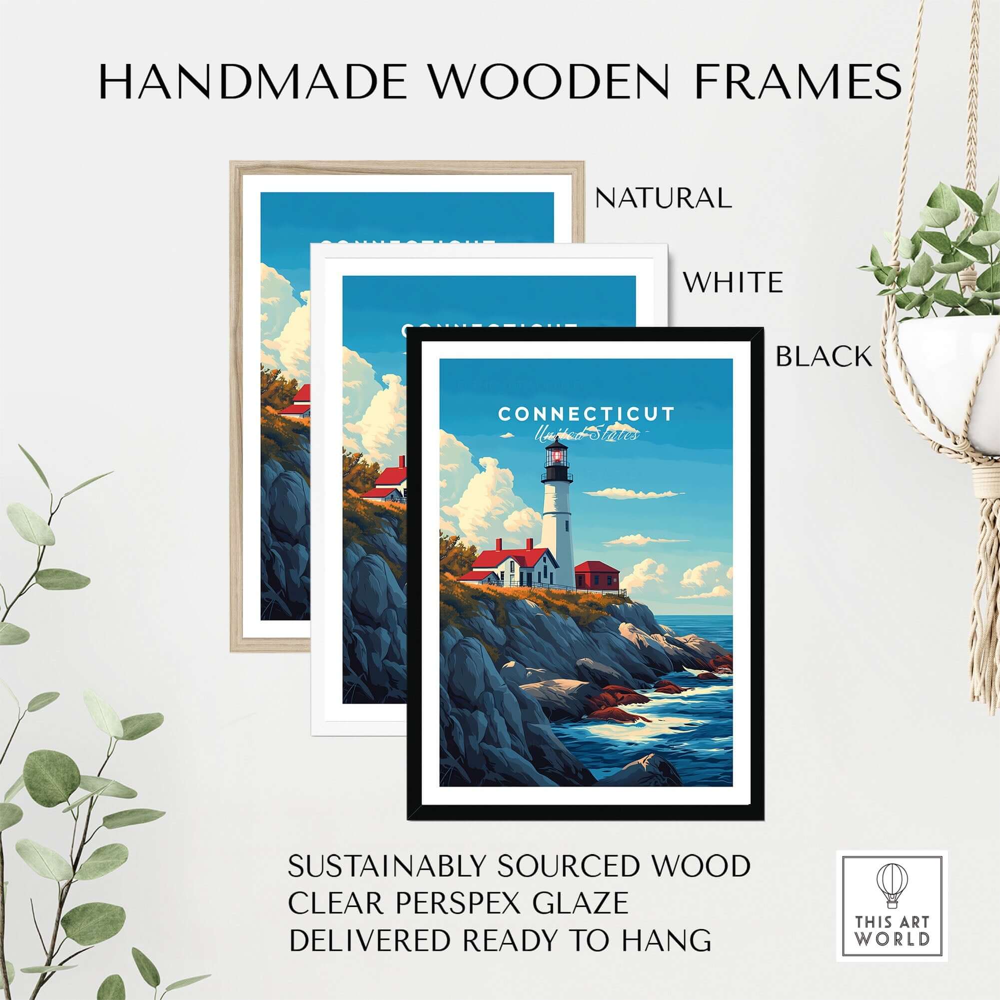 Connecticut Poster displayed in handmade wooden frames: natural, white, black. Sustainably sourced wood, ready to hang.