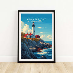 Connecticut Poster showcasing a lighthouse by the rocky coast, vibrant colors and iconic scenery.