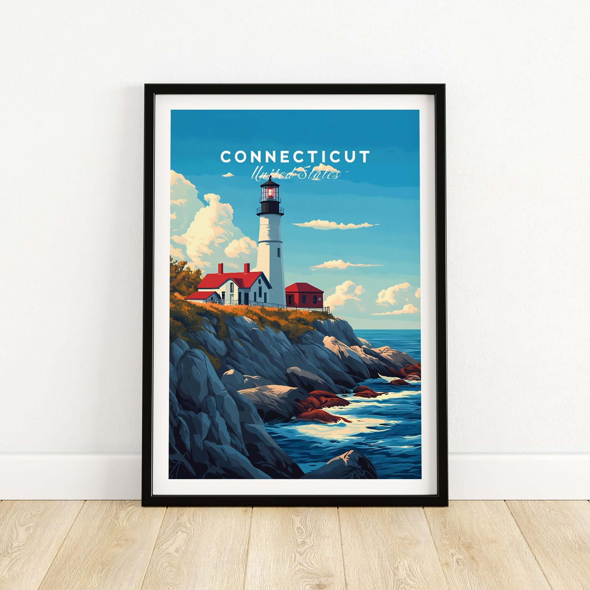 Connecticut Poster showcasing a lighthouse by the rocky coast, vibrant colors and iconic scenery.