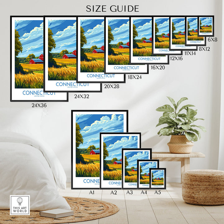 "Connecticut Print size guide displaying various poster dimensions with scenic landscape and landmarks."