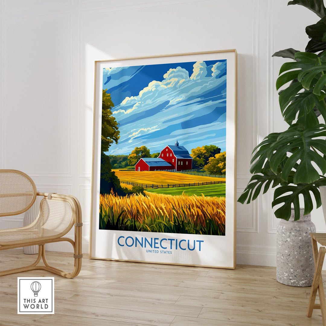 Charming Connecticut landscape print featuring vibrant farmland and blue sky, perfect for travel lovers and art enthusiasts.