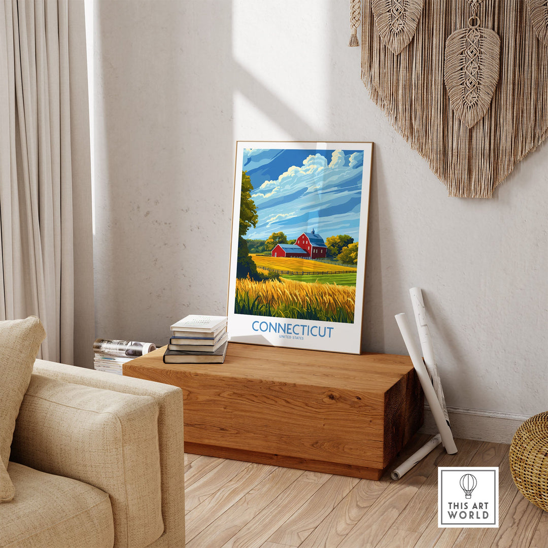 Connecticut travel poster featuring scenic landmarks, perfect for art lovers and adventurers, displayed in a cozy living room setting.