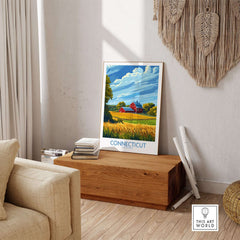 Connecticut Print showcasing a beautiful rural landscape with a red barn and vibrant fields