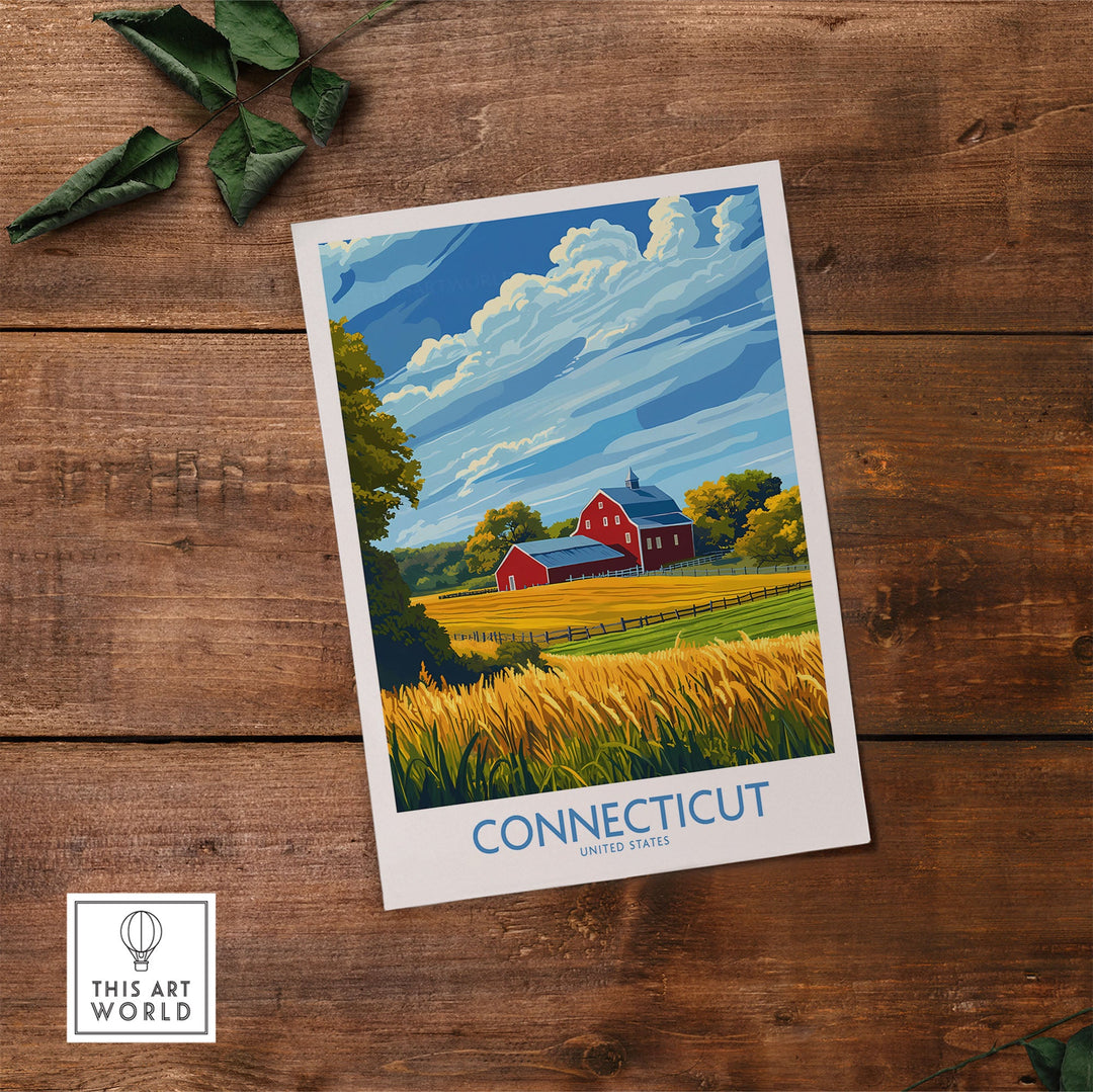 Connecticut Print poster depicting vibrant rural landscape with barn, fields, and clouds, perfect for travel enthusiasts and art lovers.