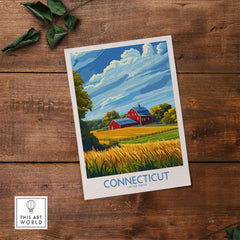 Connecticut Print showcasing a vibrant landscape with a red barn against a blue sky and golden fields.
