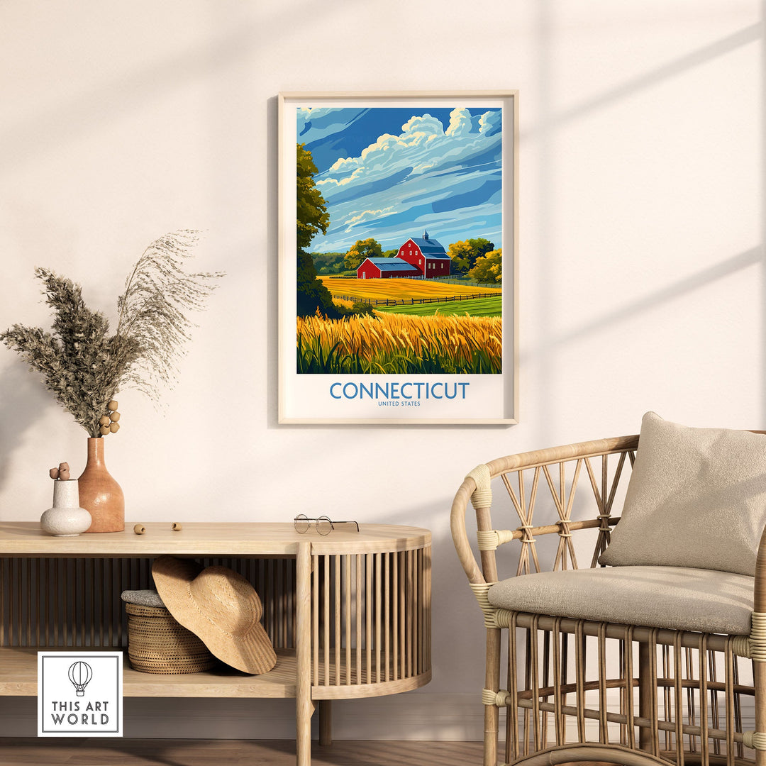 Connecticut Print travel poster featuring landscapes and landmarks, displayed in a cozy living room setting.