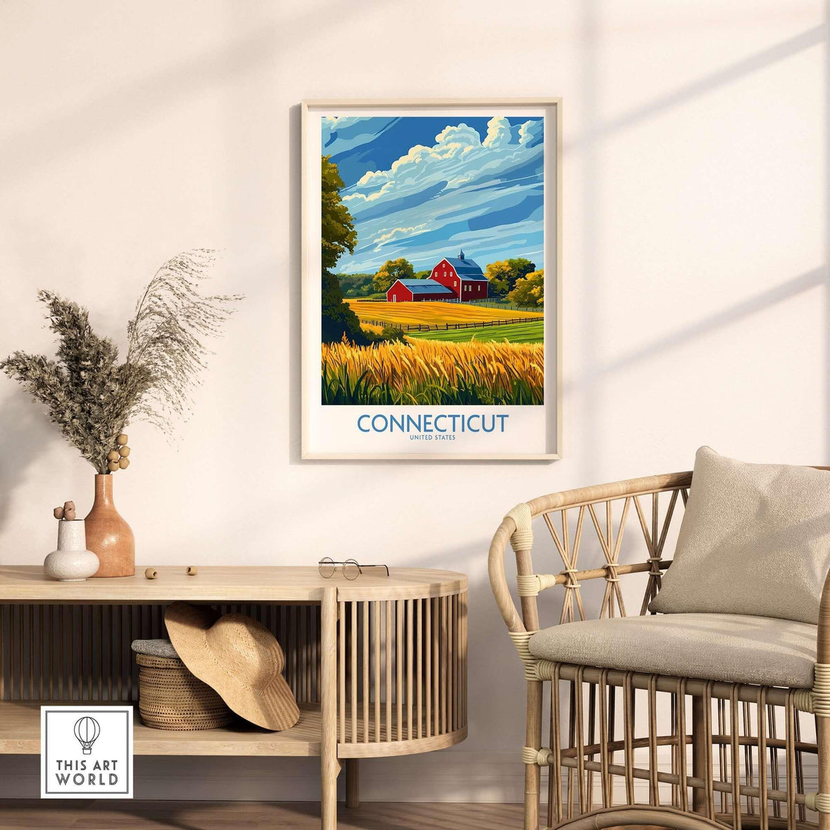 Connecticut Print featuring a vibrant landscape with a red barn, showcasing the beauty of Connecticut in a chic interior setting.