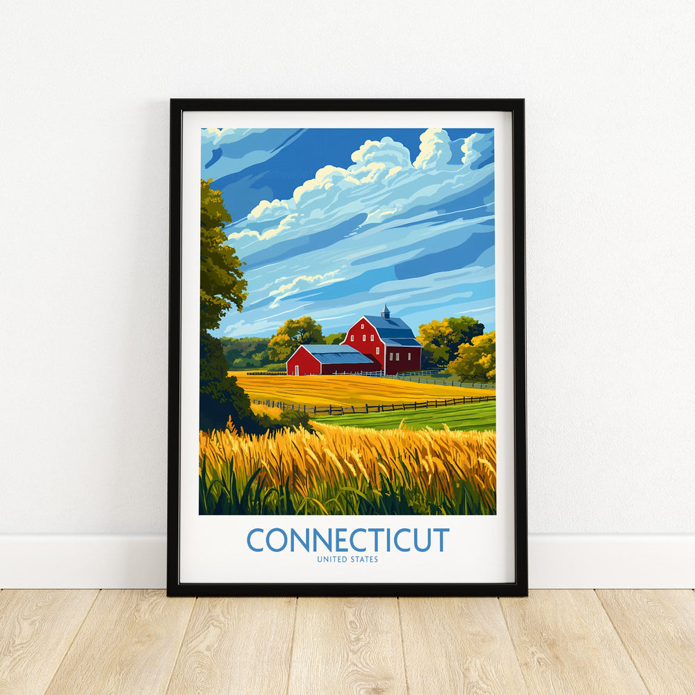 "Connecticut print showcasing scenic landscape with red barn and lush fields, perfect for travel enthusiasts and art lovers."