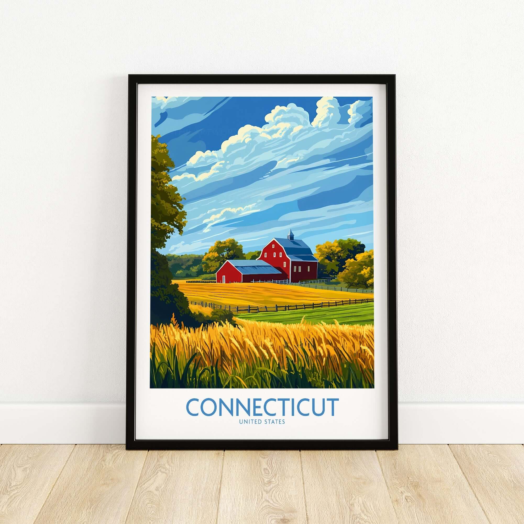 Connecticut Print showcasing a picturesque landscape with a red barn and fields, perfect for art lovers and travelers.