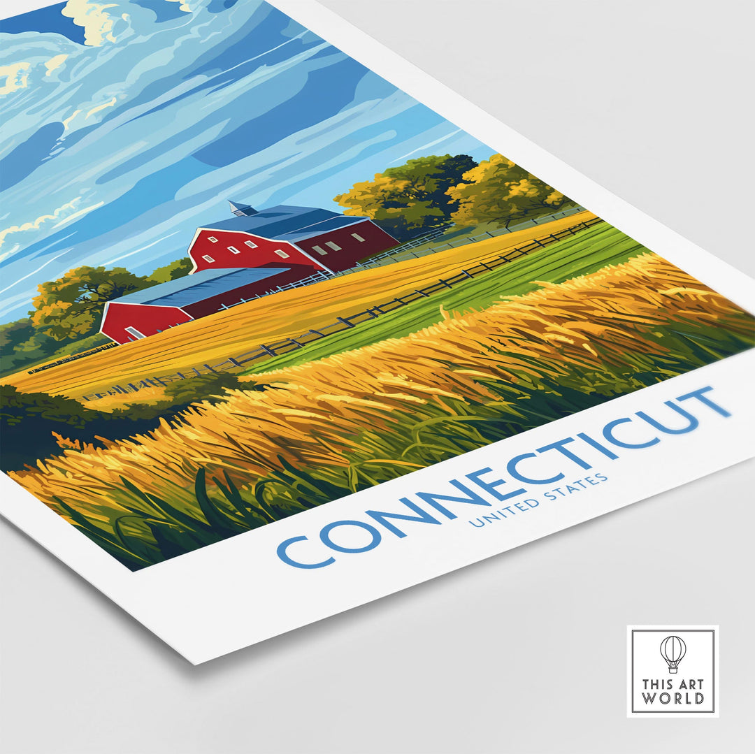 Connecticut Print featuring a picturesque landscape with a red barn, lush fields, and vibrant sky, perfect for travel and art lovers.