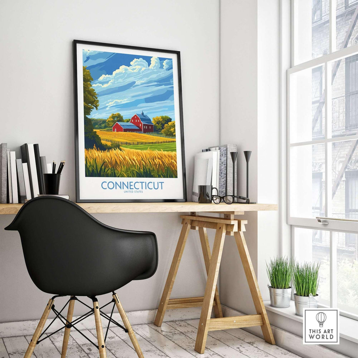 Connecticut Print displayed in a bright room with a desk and chair, showcasing the beauty of Connecticut's landscapes.