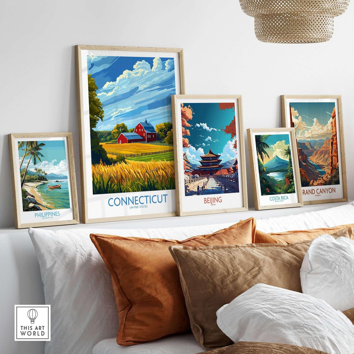 Connecticut Print artwork displayed with travel posters from countries including Philippines, Beijing, and Costa Rica.