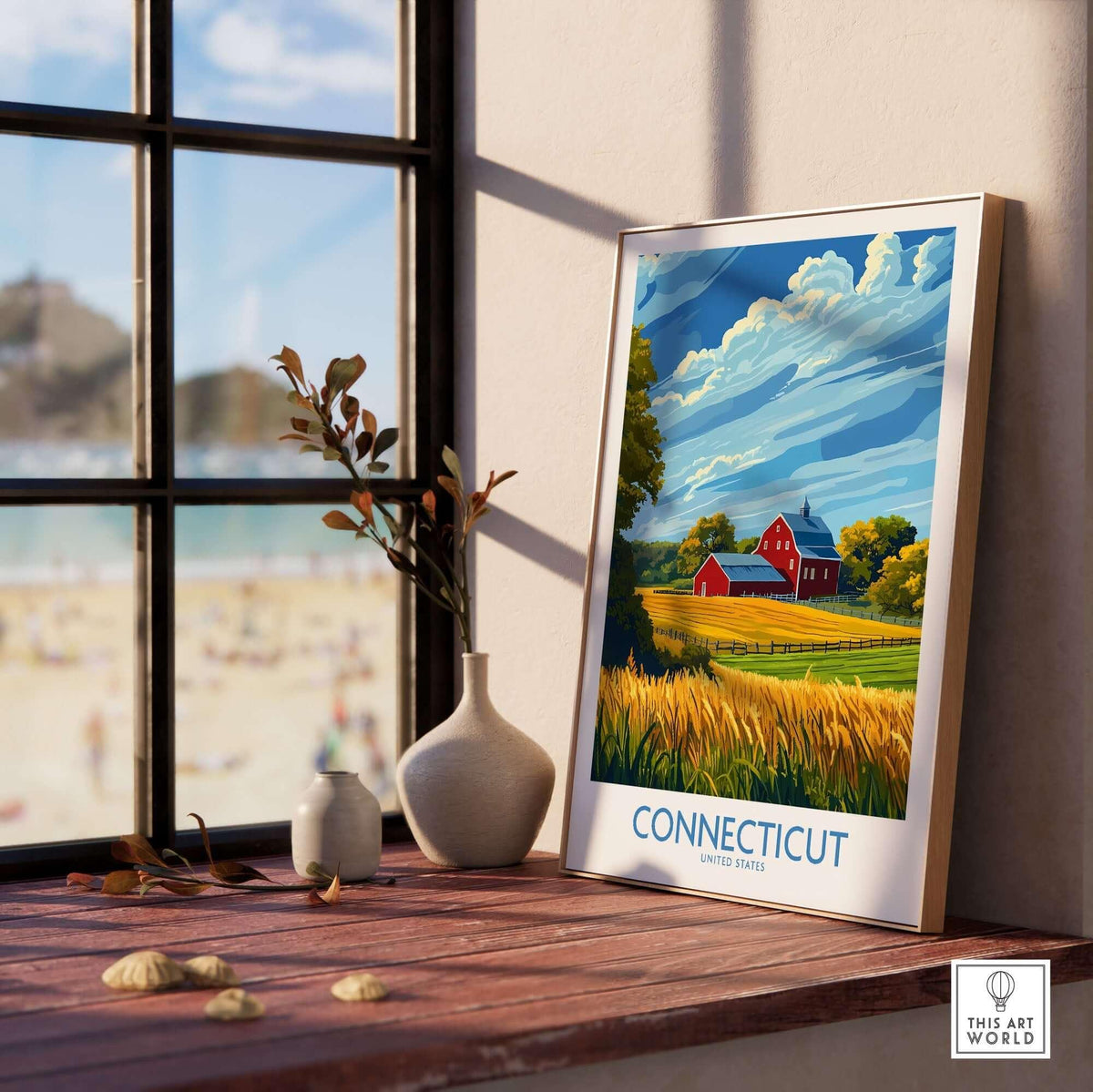 Connecticut Print showcasing vibrant landscapes and landmarks from Connecticut, perfect for travel lovers and art enthusiasts.