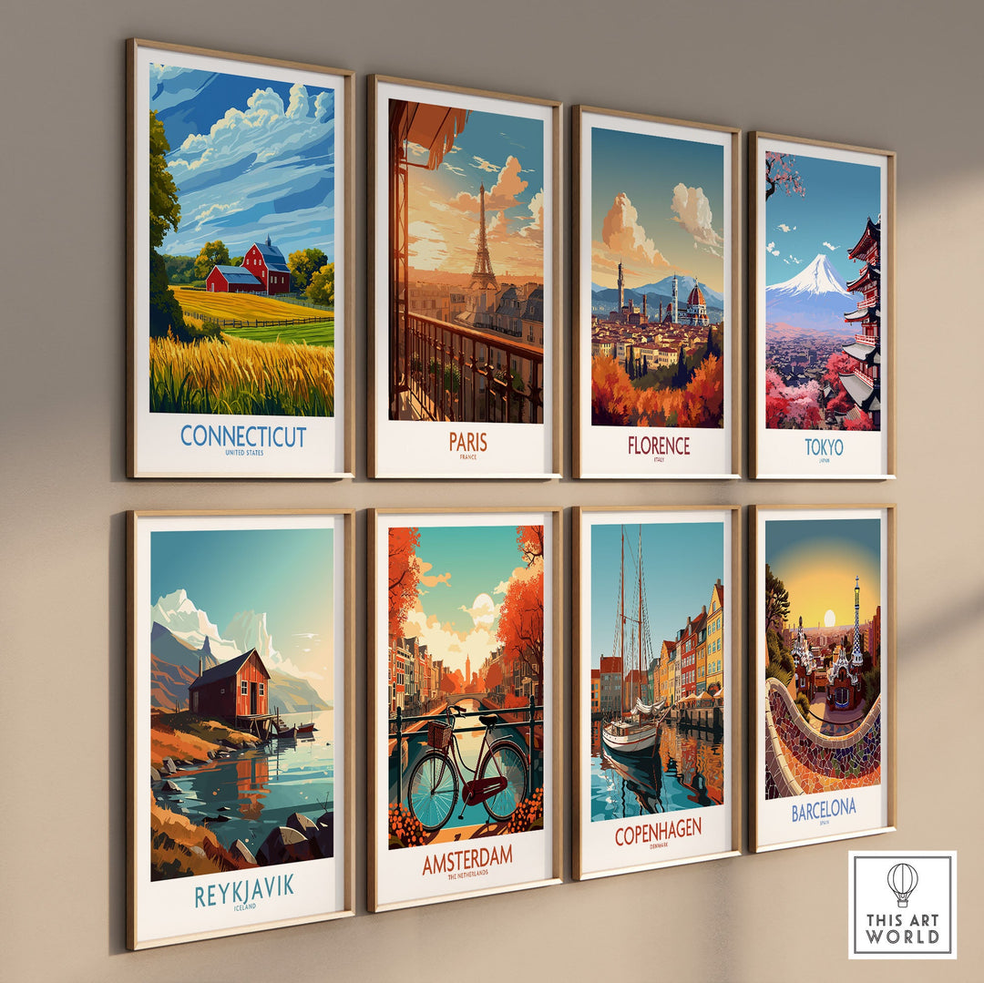 Art gallery wall featuring travel prints of Connecticut, Paris, Florence, Tokyo, Reykjavik, Amsterdam, Copenhagen, and Barcelona.