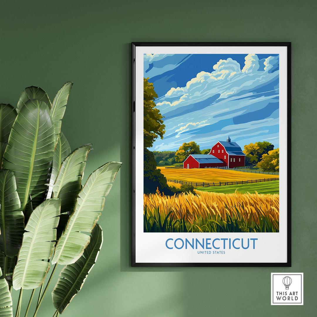 Connecticut print featuring scenic landscape with a red barn, lush fields, and blue skies, perfect for travel enthusiasts.