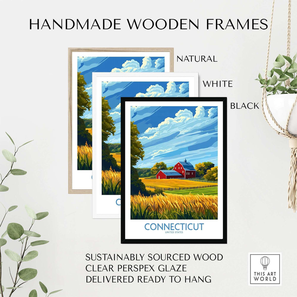 Handmade wooden frames in natural, white, and black featuring the Connecticut Print. Sustainable and ready to hang.