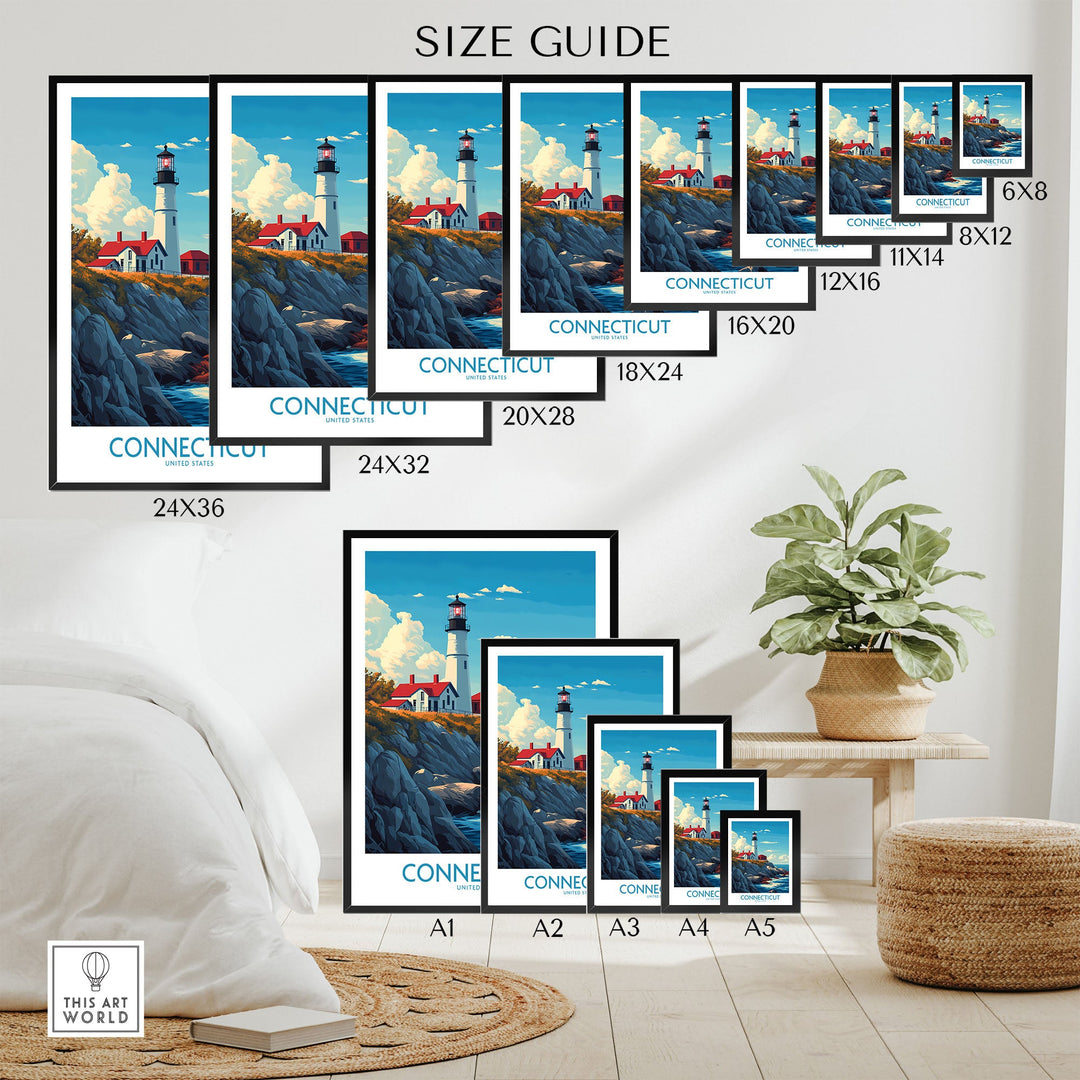 Connecticut Print New England size guide with various art print dimensions displayed in a cozy room setting.