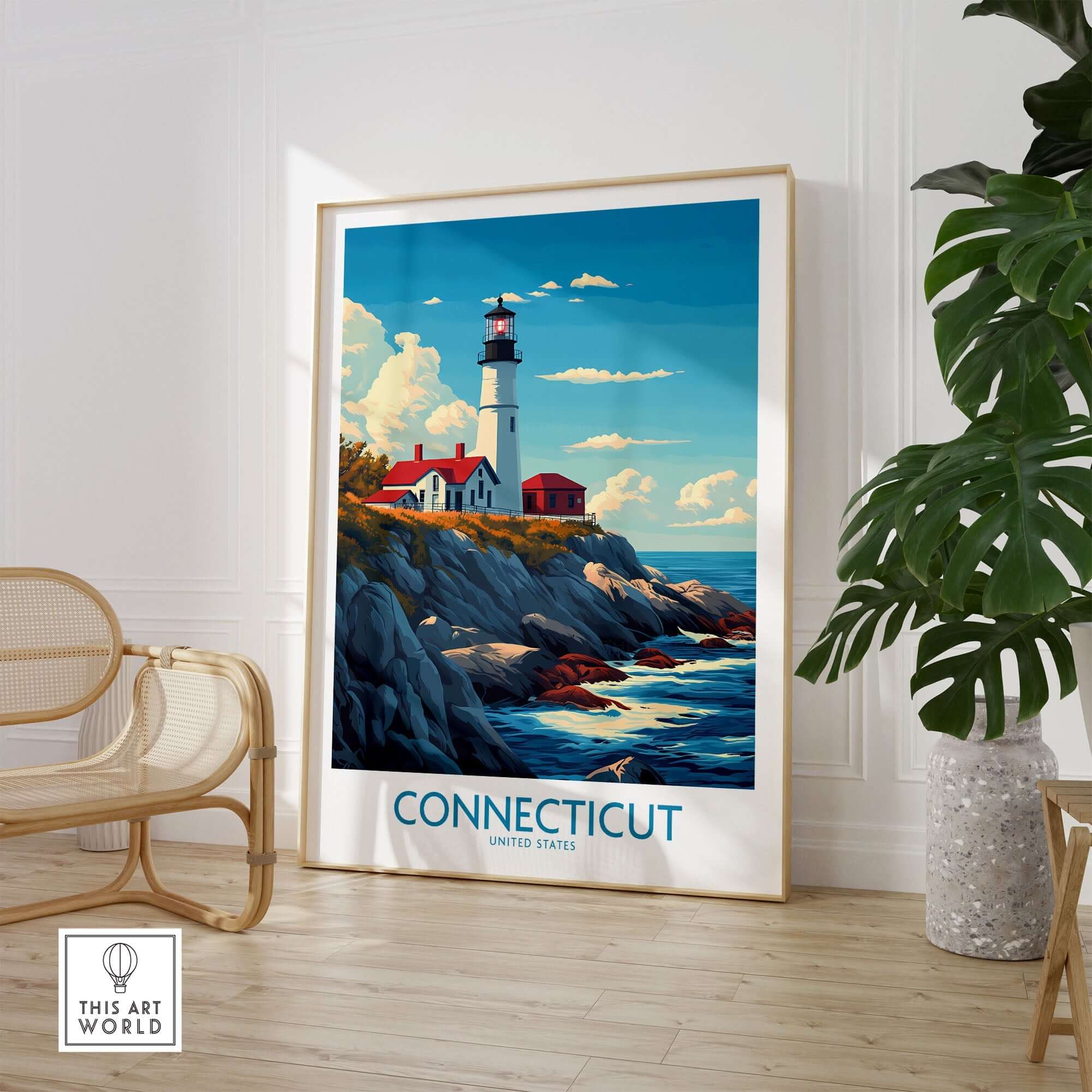 Connecticut Print New England featuring a lighthouse and coastline in an artistic style, perfect for home decor.