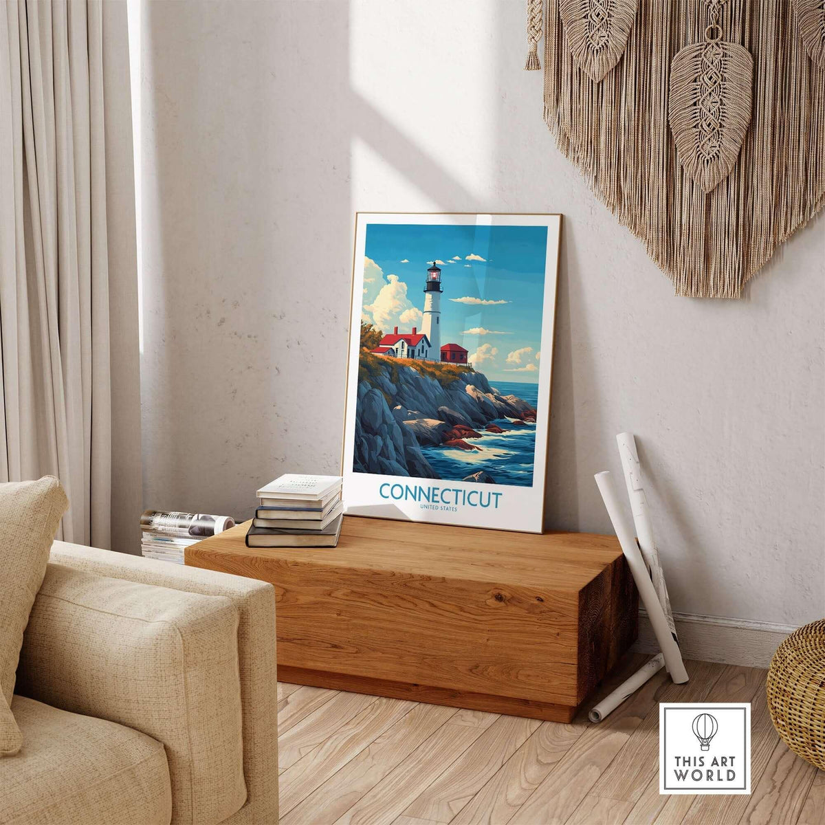Connecticut Print New England featuring a scenic lighthouse and coastal landscape in a stylish living room setting.