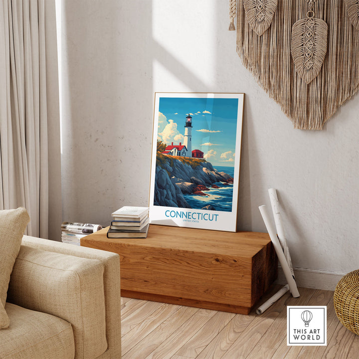 Connecticut print depicting a lighthouse by the coast, enhancing a modern living room with New England charm and scenic beauty.