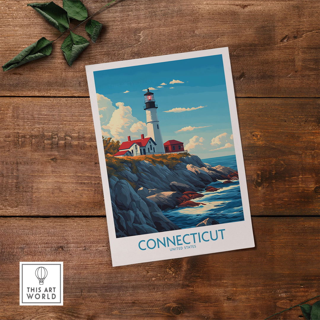 "Connecticut Print New England lighthouse art on wooden table, depicting coastal scenery and vibrant sky, Travel Posters USA"