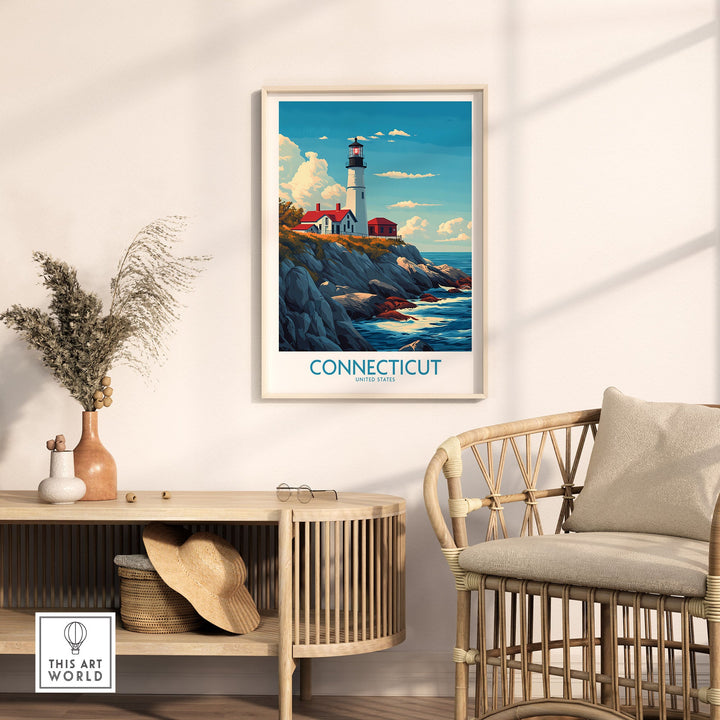 "Connecticut New England Print featuring a lighthouse by the coast, perfect for home or office decor, showcasing picturesque beauty."