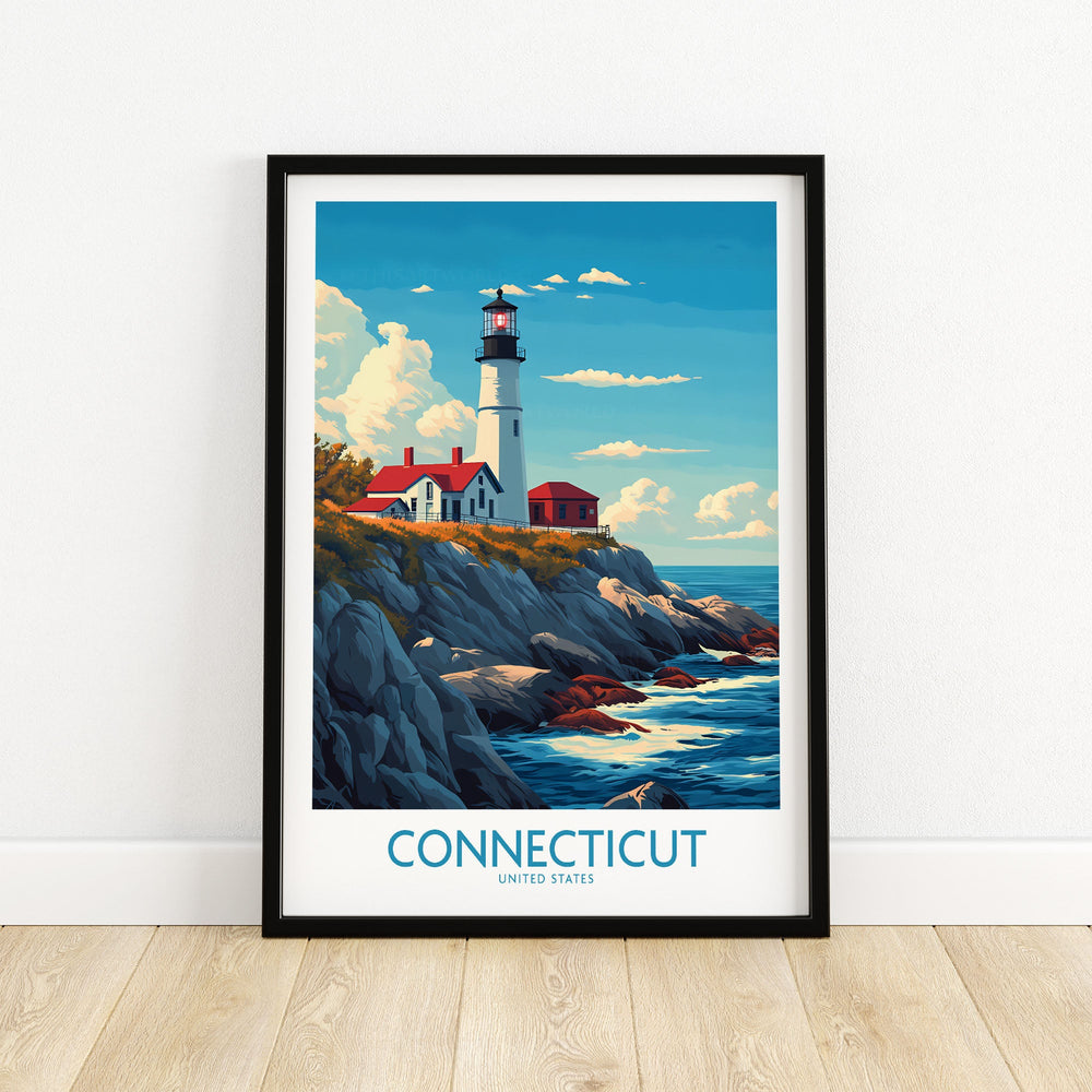 Connecticut lighthouse art print showcasing New England coastal beauty in a vibrant, framed poster. Perfect wall decor for home or office.