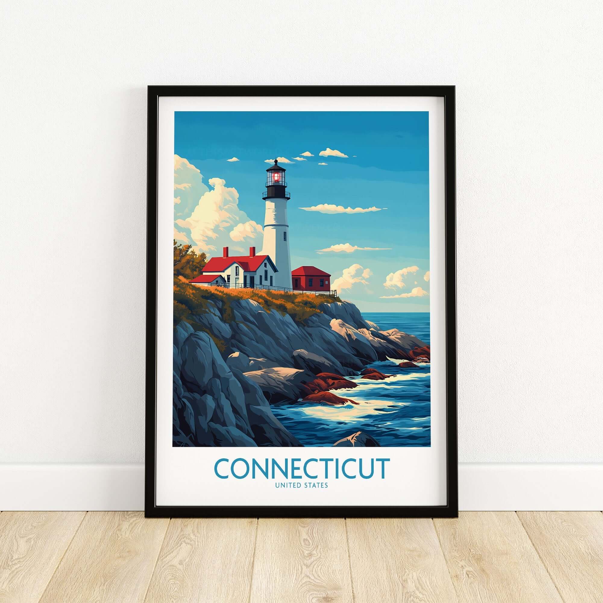 Connecticut Print New England showcasing a vibrant lighthouse scene on the coast of Connecticut.